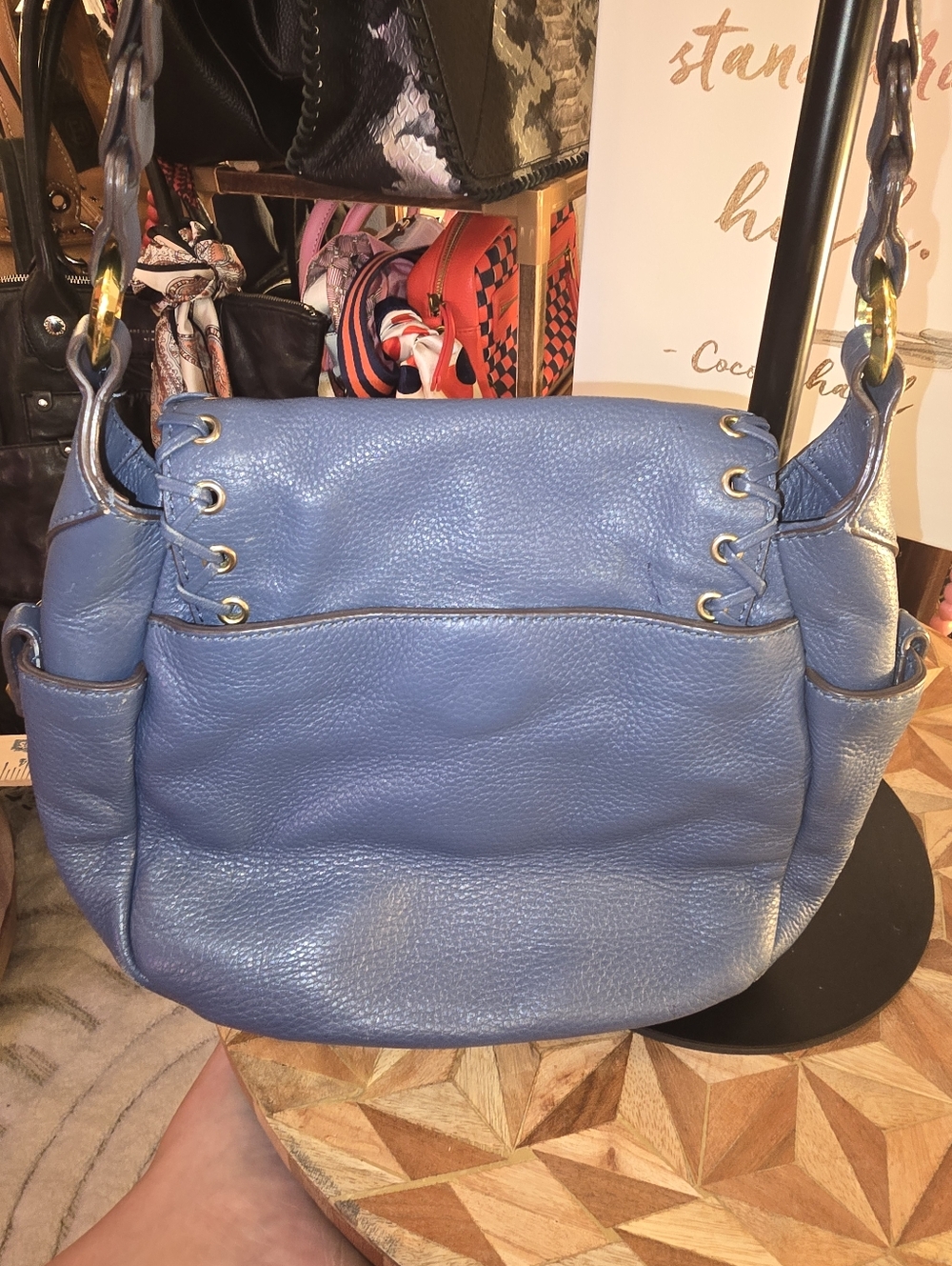 Cobalt Blue Leather Crossbody Bag with Gold Hardware By OrYany - Picture 5 of 12